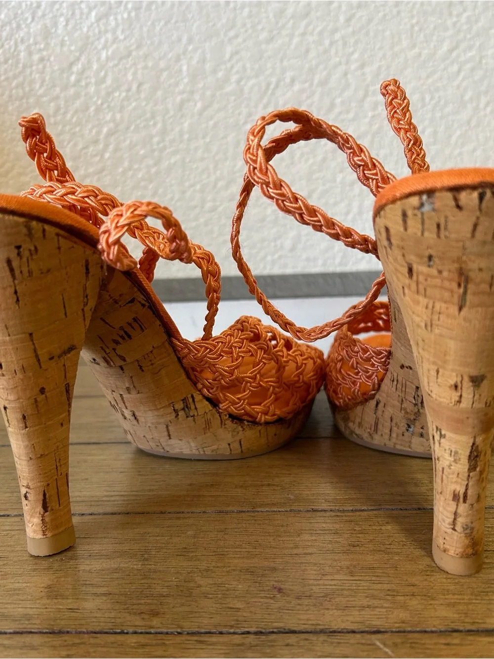 Heels - orange braided strap heels with cork bottom- Tropical resort style 6M